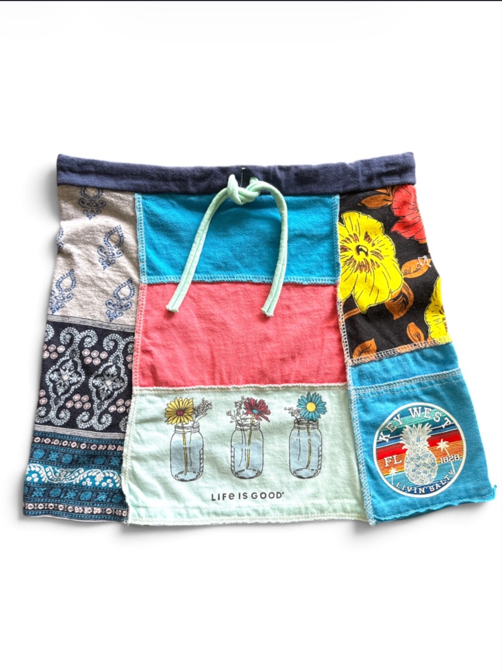 Patchwork Mini Skirt with Floral Jar Graphic - Multicolor